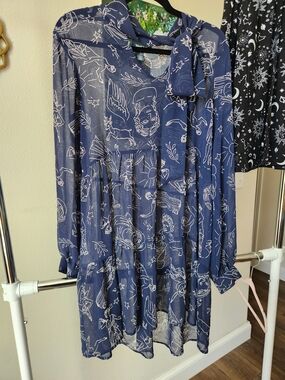 ModCloth Navy Blue Sheer Tunic with White Celestial Line Art